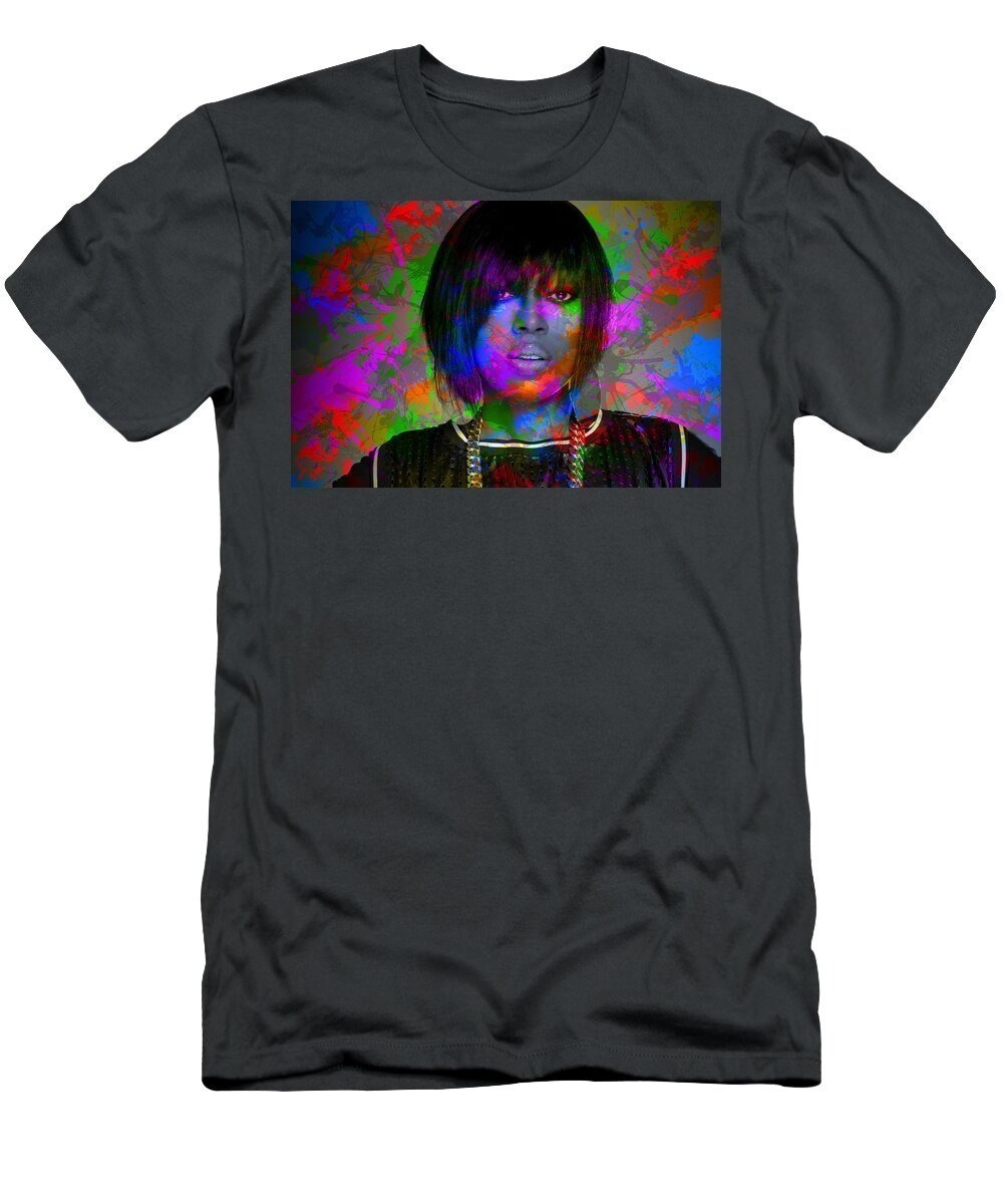 Missy Elliott Famous Rapper Paint Splatters Colorful Portrait Tshirt